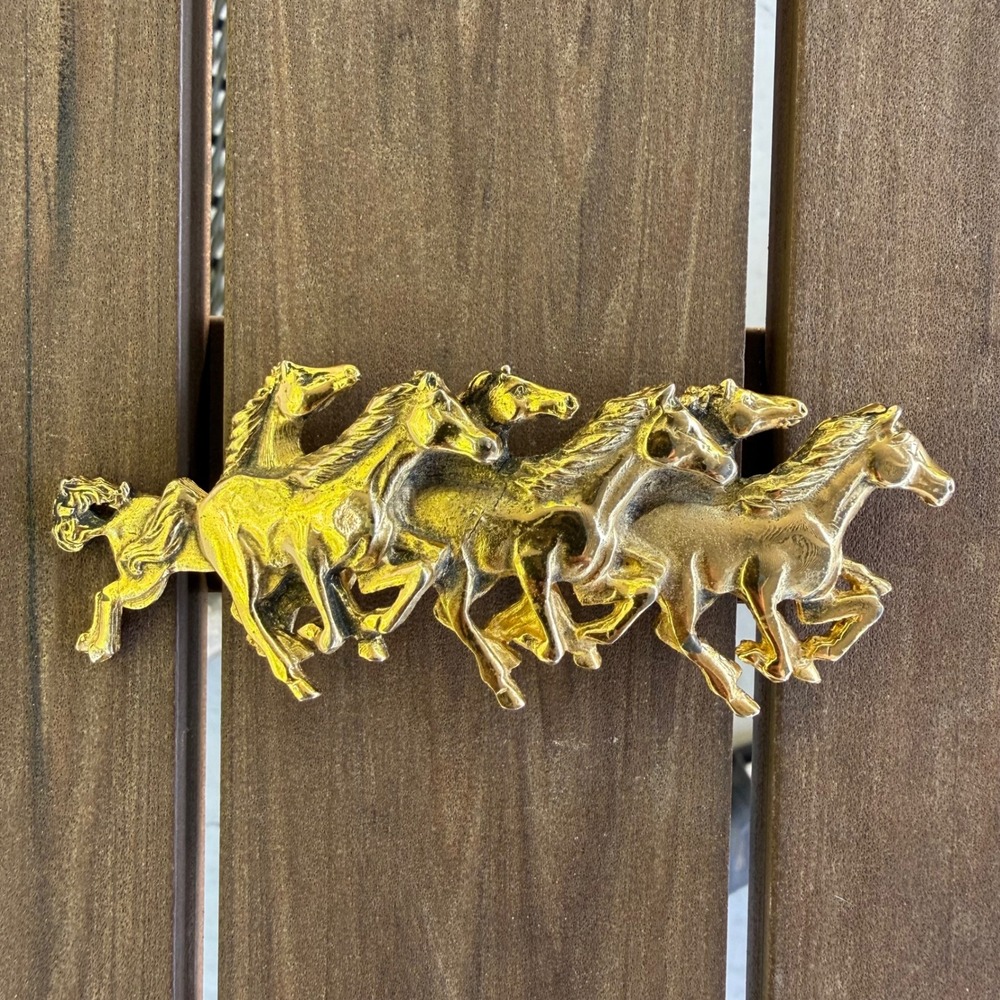 Silver Knights Vintage Gold Tone Galloping Horses Brooch Equestrian Pin